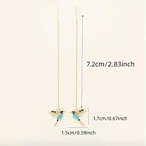 18k Gold Plated Blue Diamond Hummingbird Drop Earrings - Picture 4 of 4